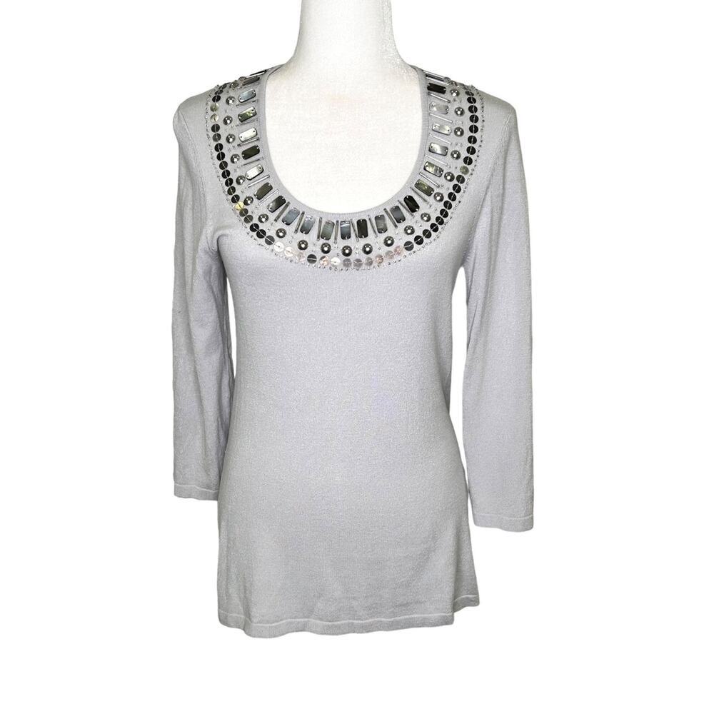 Chico's Light Gray Size 0 Small Scoop Neck Sequin Embellished Tunic Top